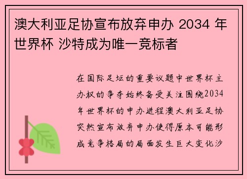 澳大利亚足协宣布放弃申办 2034 年世界杯 沙特成为唯一竞标者