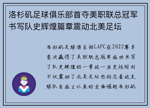洛杉矶足球俱乐部首夺美职联总冠军书写队史辉煌篇章震动北美足坛 洛杉矶足球俱乐部首夺美职联总冠军书写队史辉煌篇章震动北美足坛